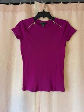 Lauren Ralph Lauren Magenta Ribbed Short Sleeve Top with Zipper Shoulder Detail